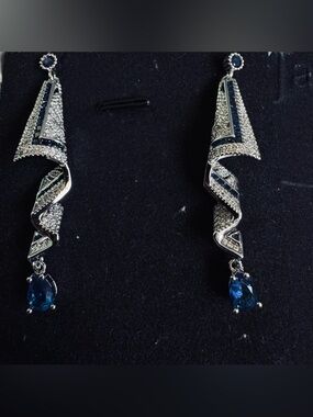 Silver-Tone Blue Crystal Drop Earrings